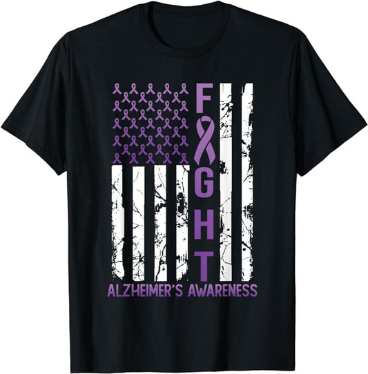 Alzheimer's Awareness Month Day USA Flag Ribbon Purple T-Shirt