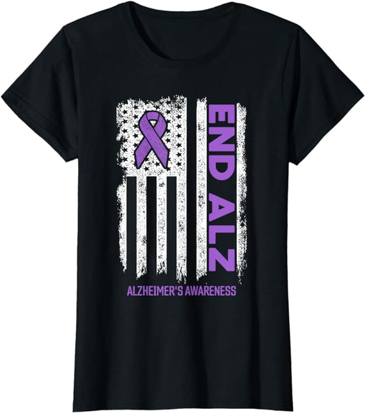 Alzheimers Shirt American Flag End Alz Alzheimer's Awareness T-Shirt-womens